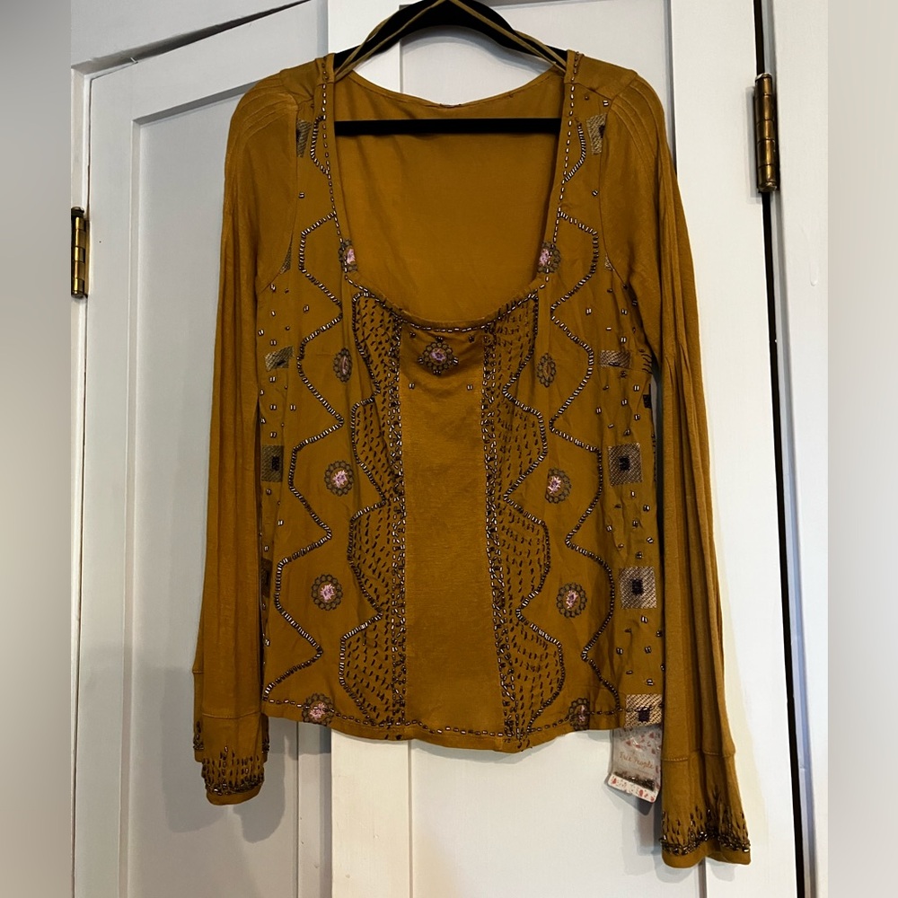 Free People Embellished Boho Mustard Top